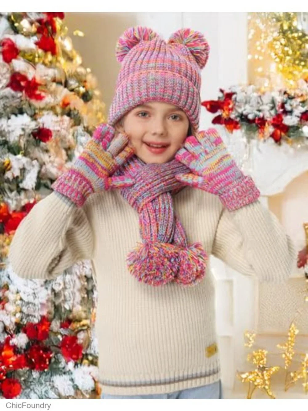 Kids Winter Hat Gloves Scarf Set - Fleece Lined PomPom Beanie Knitted Scarf